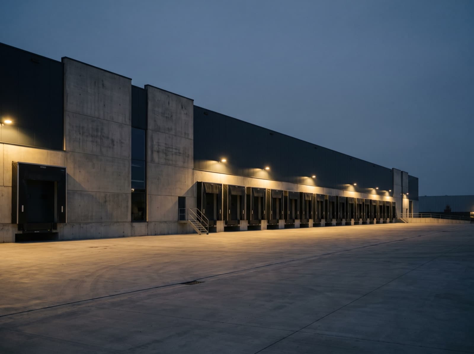 Distribution warehouse at dusk with a row of loading docks under sodium light