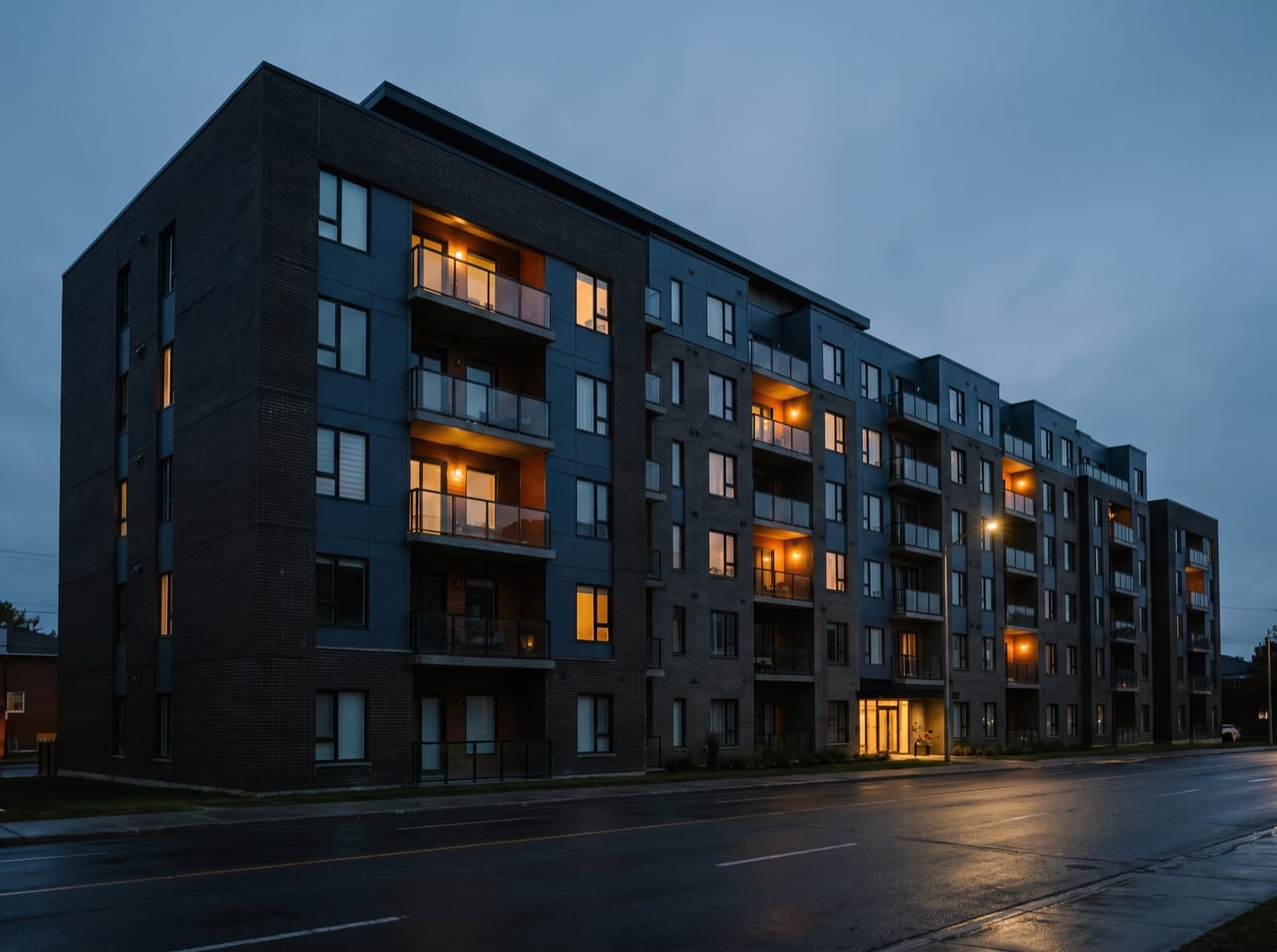 Six-storey apartment building at dusk with balconies and lit windows